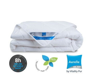 Opgevouwen wit Aerelle Cool Night dekbed met label zichtbaar en iconen die verkoelende werking en duurzaamheid benadrukken