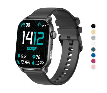 OOQE Watch Pro 8 smartwatch met groot AMOLED scherm en strak design voor dagelijks gebruik. Verkrijgbaar in 8 verschillende kleuren. 