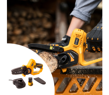 De Batavia Fixxpack 12V Nexxsaw Mini Kettingzaag met 2ah Accu en Snellader.