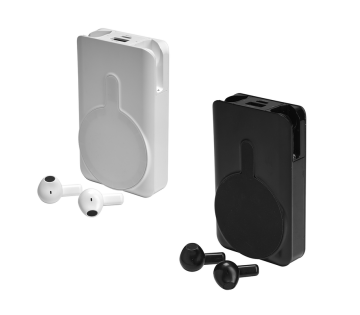 De Denver PWE-5000 Geavanceerde Powerbank met Bluetooth Oordopjes is verkrijgbaar in wit en zwart.