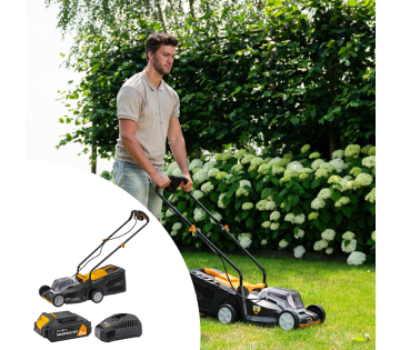 De Batavia Maxxpack Grasmaaier met Accu en Snellader.
