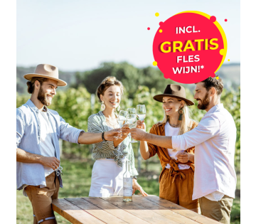 4 mensen staan in een wijngaard en proeven een witte wijn. 