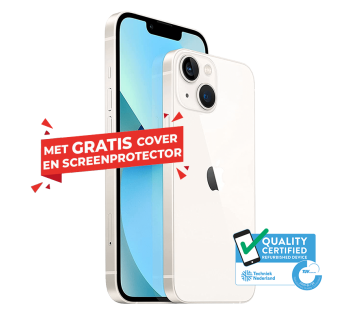 Refurbished iPhone 13 in wit inclusief gratis cover, screenprotector en Keurmerk Refurbished.