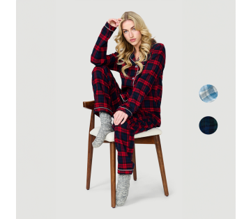 American Flannel Dames Flanellen Pyjamaset in verschillende kleuren en patronen.