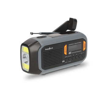 De noodradio is uitgerust met o.a. een zaklamp en een SOS-alarmfunctie. 