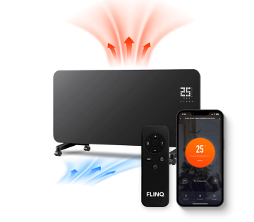 FlinQ Slimme HeatFlow Paneelverwarming in zwart met afstandsbediening.