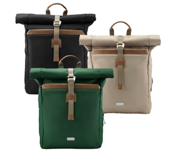 Rolltop rugzak in zwart, groen en beige met leren details