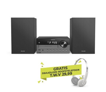 Philips microsysteem met twee luidsprekers inclusief gratis draadloze hoofdtelefoon.