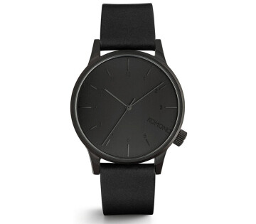 Komono Winston zwart herenhorloge met zwarte leren band – voorkant wijzerplaat