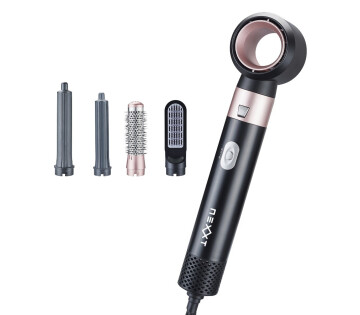 Multifunctionele airstyler met opzetstukken zoals krulstaven en borstel voor verschillende haarstijlen.