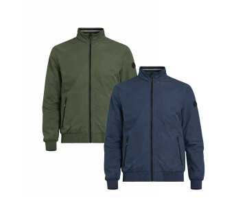 Twee kleuren heren tussenjas, donkergroen en marineblauw, met moderne pasvorm.