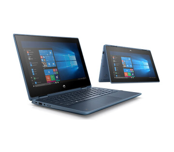 Blauwe HP ProBook X360 G5 2-in-1 laptop schuin van voren met toetsenbord en aansluitingen in beeld.