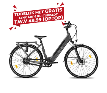 Volledig zijaanzicht van de donkergrijze Sharp BK-ED06-EB elektrische fiets met lage instap.