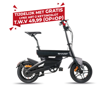Sharp elektrische vouwfiets zwart vrijstaand op witte achtergrond volledig zichtbaar.