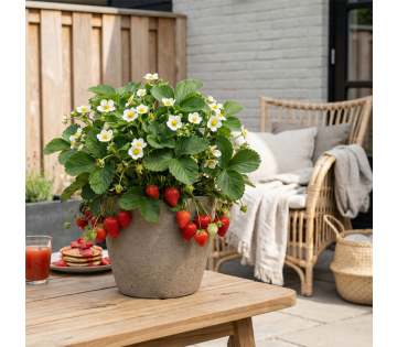 Aardbeienplant in pot op terras met bloei en rijpe vruchten