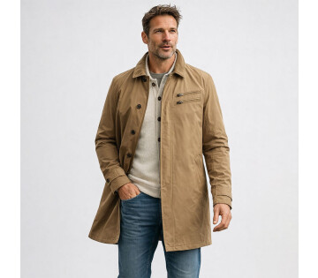 Man draagt beige jas met casual outfit en jeans