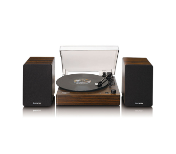 Lenco LS-200WD platenspeler open met speakers en draaiende plaat