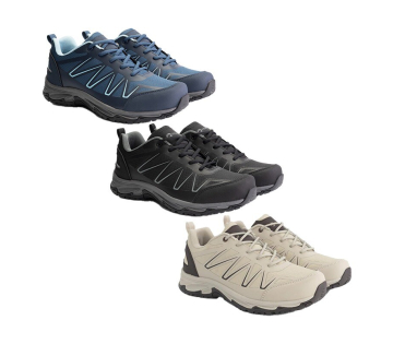 Overzicht van blauwe, zwarte en zandkleurige Travelin’ wandelschoenen voor dames en heren in verschillende kleuren.