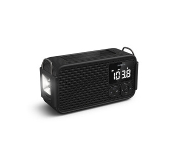 Philips draagbare noodradio met ingebouwde zaklamp en digitaal scherm voor noodsituaties en buitengebruik.