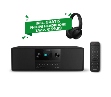 Philips audiosysteem met afstandsbediening en gratis draadloze Philips koptelefoon op een witte achtergrond.