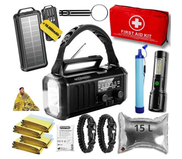 Noodradio® XL noodpakket zwart met noodradio, waterfilter, nooddekens, EHBO-set en solar powerbank