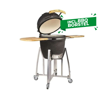 Buccan Sunbury Smokey Egg Large kamado BBQ met open deksel en uitgeklapte bamboe zijtafels op een verrijdbaar RVS onderstel.