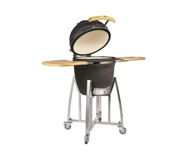Buccan Sunbury Smokey Egg Large kamado BBQ met open deksel en uitgeklapte bamboe zijtafels op een verrijdbaar RVS onderstel.