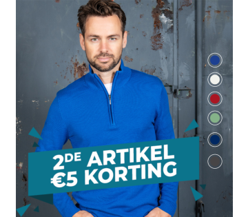 Een man draagt de Cappuccino trui met 1/4 rits. Rechts worden alle kleuren van de trui getoond. Tijdelijk met een 2e artikel, 5eu korting actie. 