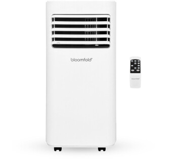 Witte mobiele airco van Bloomfold met meegeleverde afstandsbediening