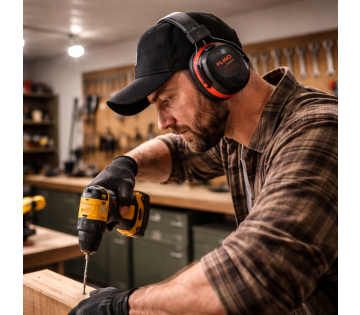 FlinQ Bluetooth gehoorkappen in zwart met rode accenten vrijstaand productbeeld.