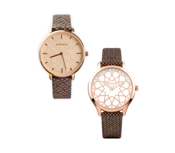 Bergson Ocean dameshorloge in bruin en roségoud met gevlochten band en twee verschillende wijzerplaten naast elkaar afgebeeld.