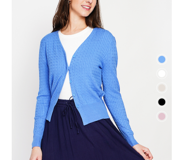 Dames cardigan met kabelpatroon in blauw, V-hals en knoopsluiting, voorkant