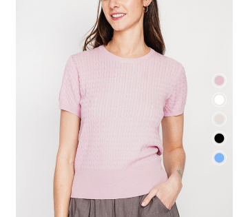 Le Jardin du Lin dames gebreide top roze met korte mouwen en kabelpatroon voorzijde
