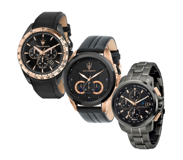 Het Maserati Herenhorloge in drie verschillende kleuren.