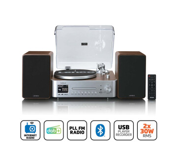 Lenco MC-860WDSI vooraanzicht met iconen voor internet radio, DAB+ en Bluetooth.