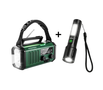 Groene Noodradio® 10.000 mAh inclusief multifunctionele Tactical Zoom zaklamp met krachtige LED-verlichting en SOS-functie.