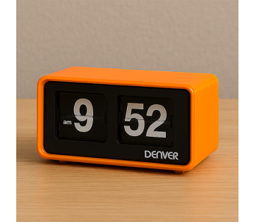 Oranje Denver CR-425 retro wekkerradio met flipklok en duidelijk display op witte achtergrond.
