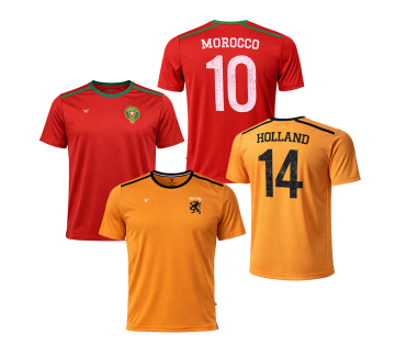 Rode Morocco en oranje Holland T-shirts heren met voor- en achterzijde en rugnummers 10 en 14