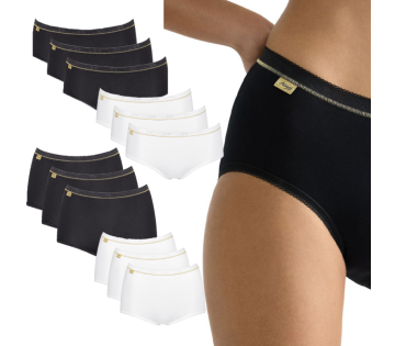 De 3-Pack Sloggi Basic Gold Damesondergoed in beide modellen en kleuren, met daarnaast een model die de zwarte slip draagt. 