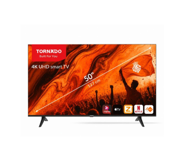 Zwarte Tornado smart tv afstandsbediening met sneltoetsen voor Netflix, Prime Video, apps en films.