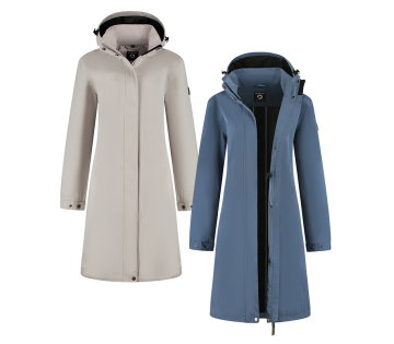 Lichtbeige en blauwe damesjas