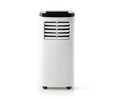 Voorzijde van de Nedis SmartLife 3-in-1 Airco 7000 BTU in wit design met luchtuitlaat en wielen.