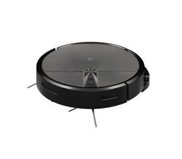 Zwarte Nedis 3-in-1 Smart Wi-Fi robotstofzuiger in vooraanzicht met laag profiel en centrale bedieningselementen.