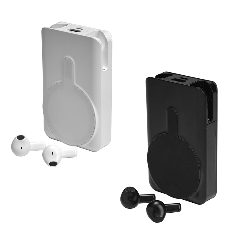 De Denver PWE-5000 Geavanceerde Powerbank met Bluetooth Oordopjes is verkrijgbaar in wit en zwart.