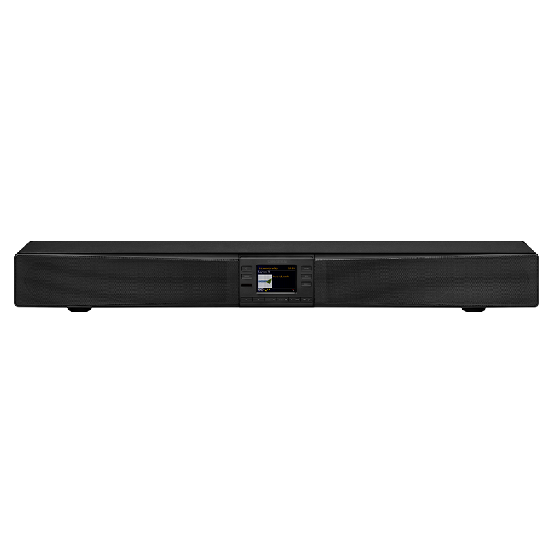 De voorkant van de Sangean SB-100 Soundbar met Afstandsbediening.