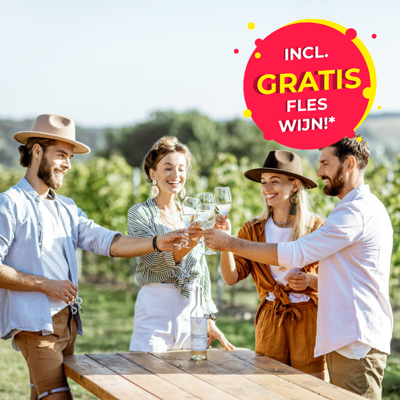 4 mensen staan in een wijngaard en proeven een witte wijn. 