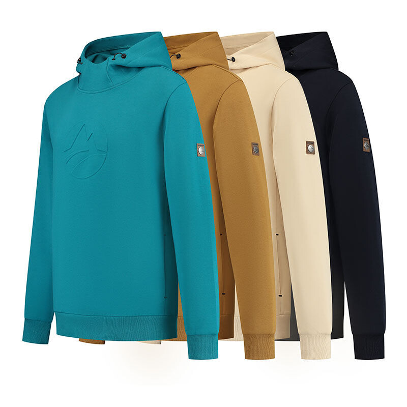 Travelin’ Ivar hoodie heren in meerdere kleuren – blauw, mosterd, zand en marineblauw naast elkaar. 