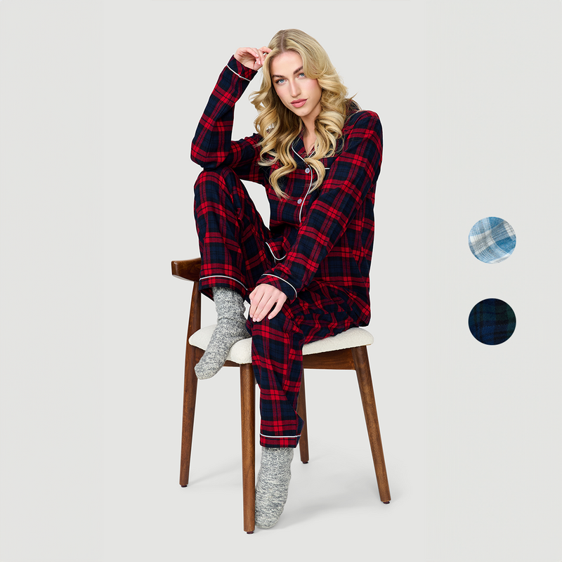 American Flannel Dames Flanellen Pyjamaset in verschillende kleuren en patronen.