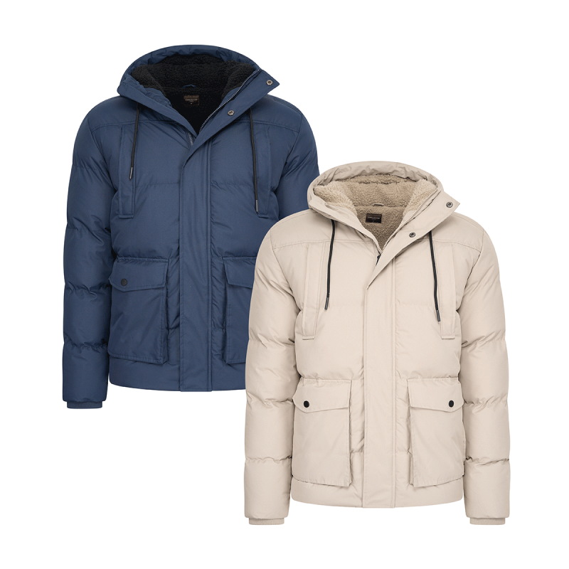 Cappuccino Gewatteerde Jas Sondrio in marineblauw en beige.