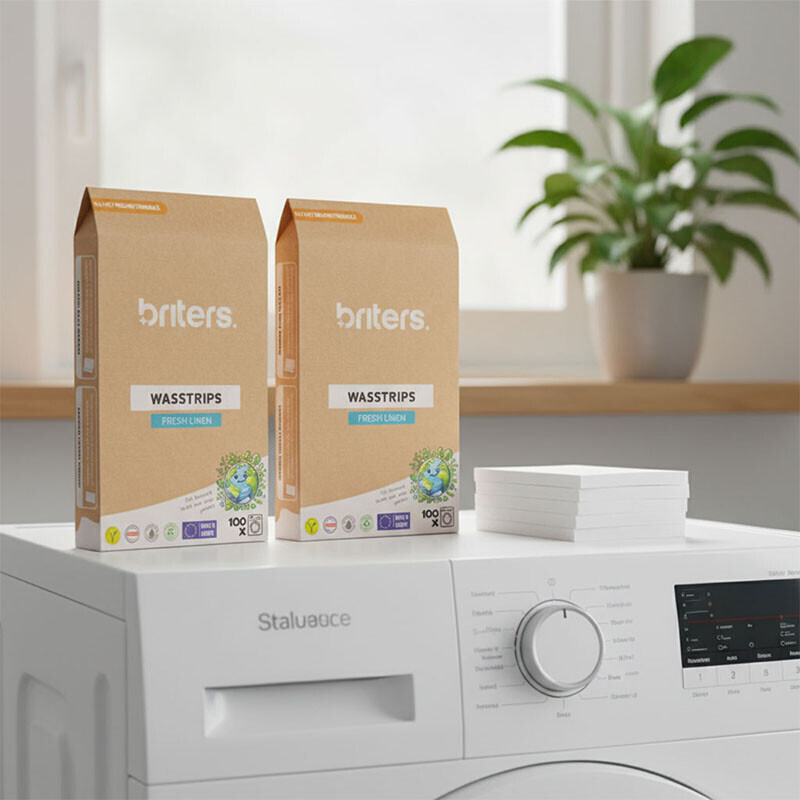 De 1+1 GRATIS Briters Wasstrips zonder bewaarblik staan op de wasmachine.